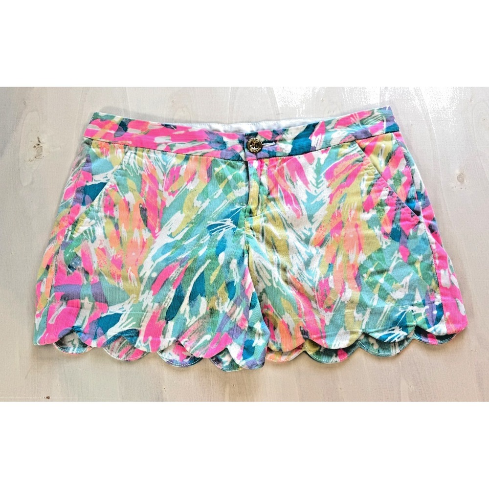 Lilly Pulitzer Buttercup Shorts Size 2 Scalloped Hem Tropical Blue Multicolor 5"